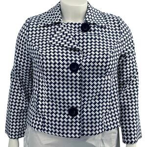 Allison Woods Women Cropped Navy White Houndstooth Blazer LS Button Closure 14W